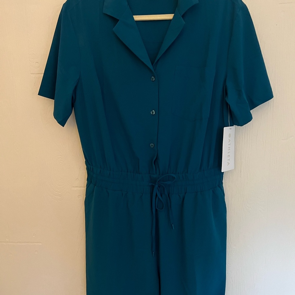 Athleta Teal Short-Sleeve Drawstring Shorts Romper